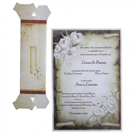 Invitatie pergament, cu floricele, pe argintiu 01.60.020